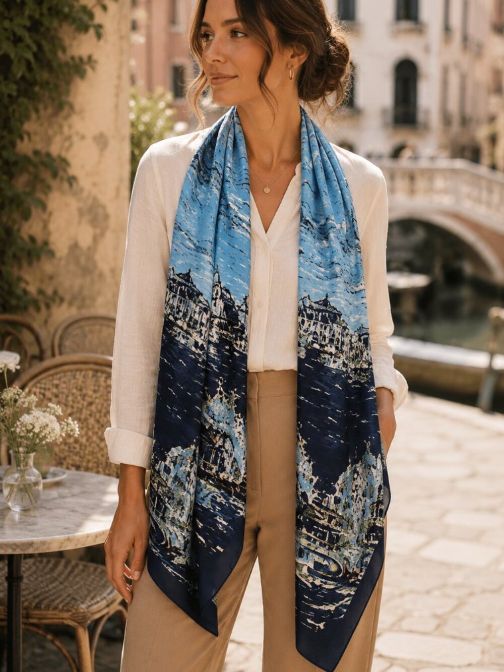 Talbots Silk Scarf Blue Venice Italy Canal Scenic Print 49x31 Oversized Luxury